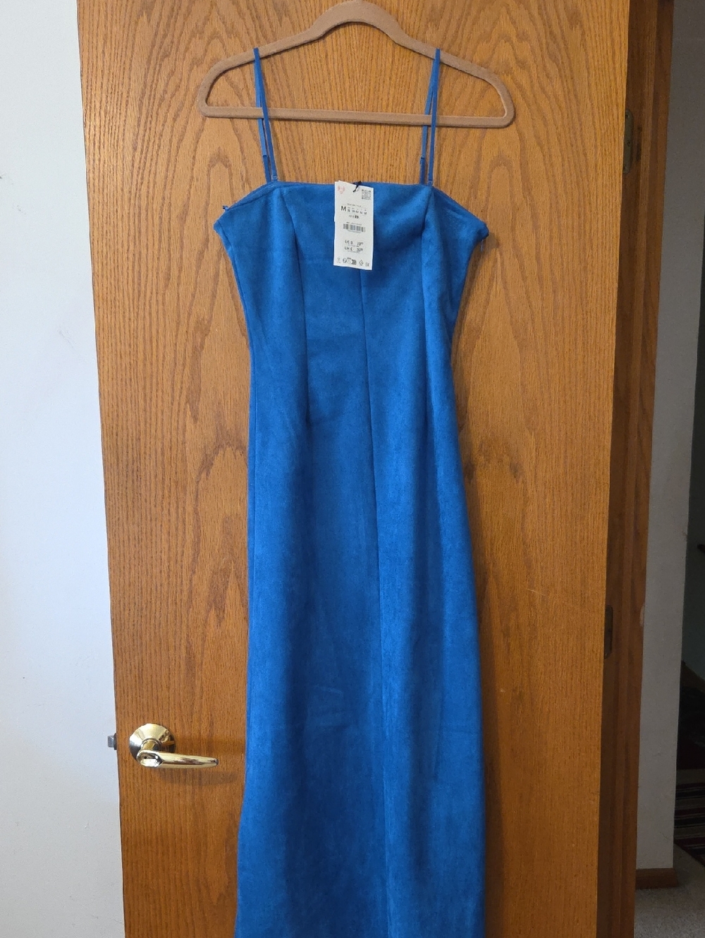 Zara Bright Blue Spaghetti Strap Maxi Faux Suede Dress